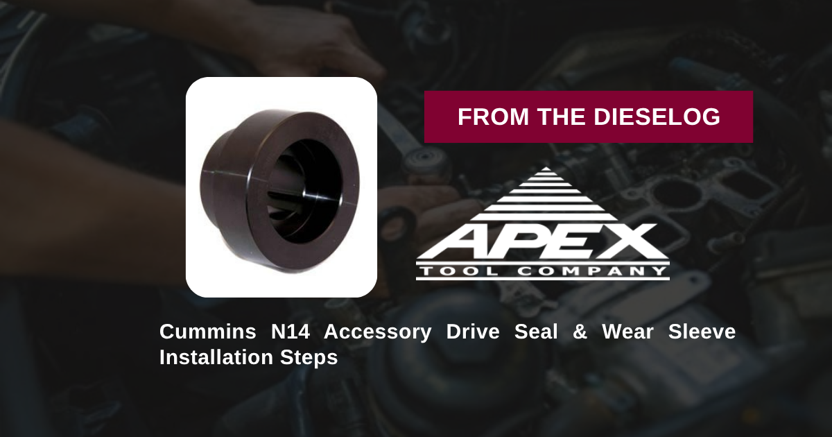 Step-by-step close up layout of accessory drive seal installer tool mounted on a Cummins N14 engine housing